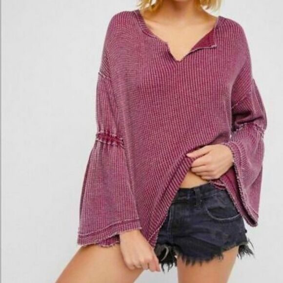 We The Free beet tone burnout sunwashed thermal bell sleeve split neckline top. - Picture 1 of 9